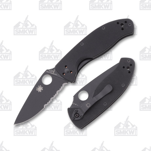Spyderco Tenacious Folding Knife 3.39in Partially Serrated Black Leaf Open and Closed